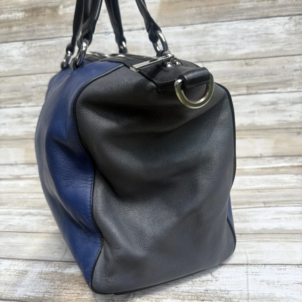 Karen Millen Satchel Bag OS Blue Black Leather Colorblock Tote Purse Quiet Luxuy